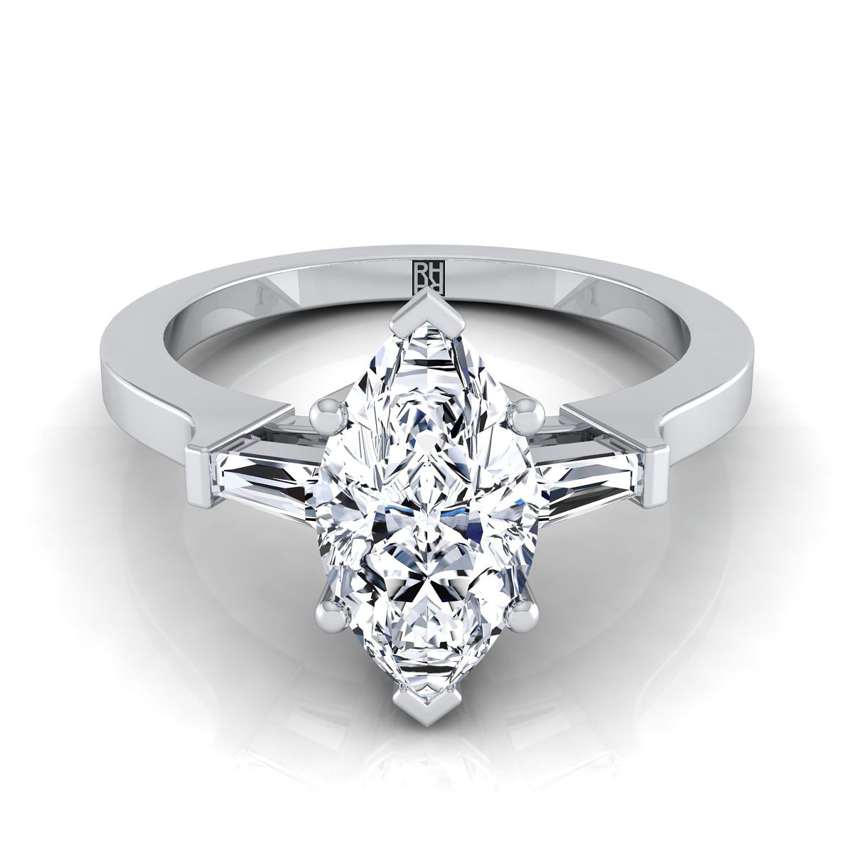 Tapered Baguette Three Stone Marquise, in 18K White Gold, channel setting | RockHer