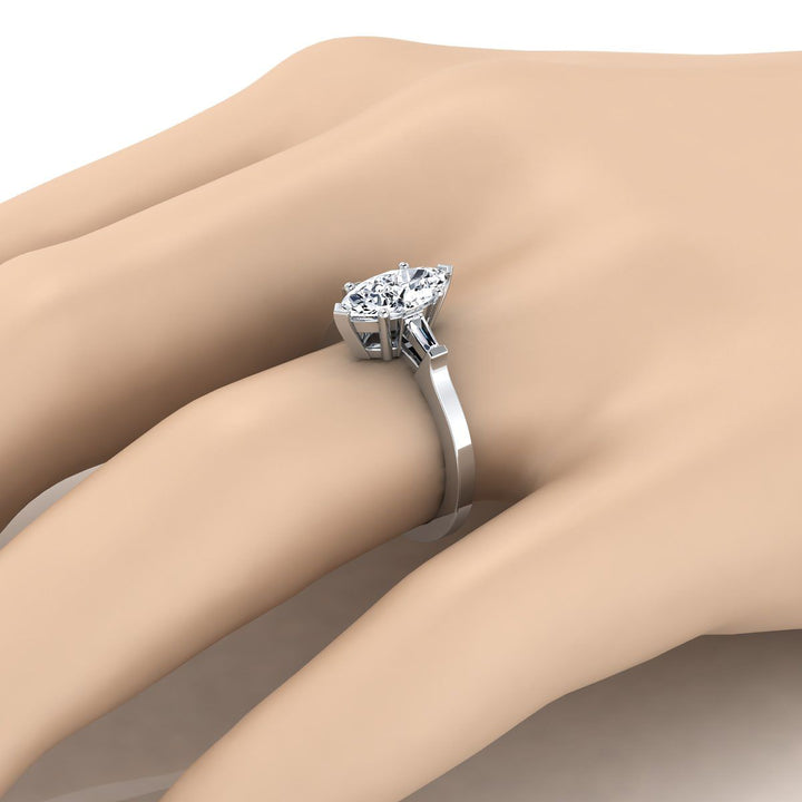 Tapered Baguette Three Stone Marquise, in 18K White Gold, channel setting – detail view | RockHer