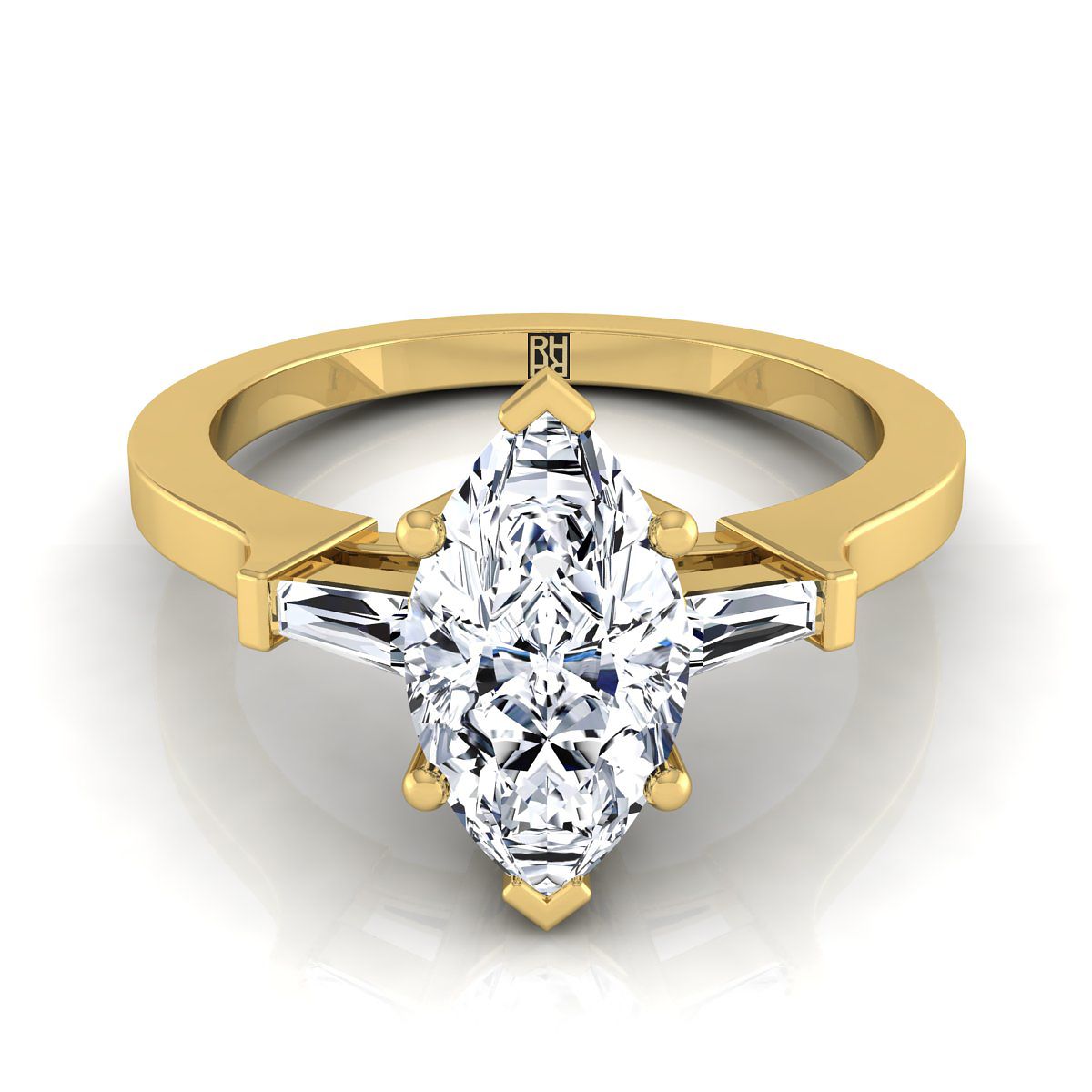 Tapered Baguette Three Stone Marquise, in 18K Yellow Gold, channel setting | RockHer
