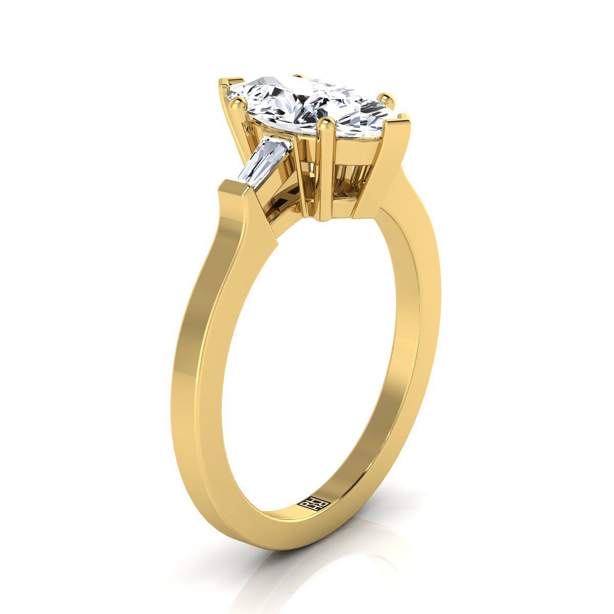 Tapered Baguette Three Stone Marquise, in 18K Yellow Gold, channel setting – side profile | RockHer