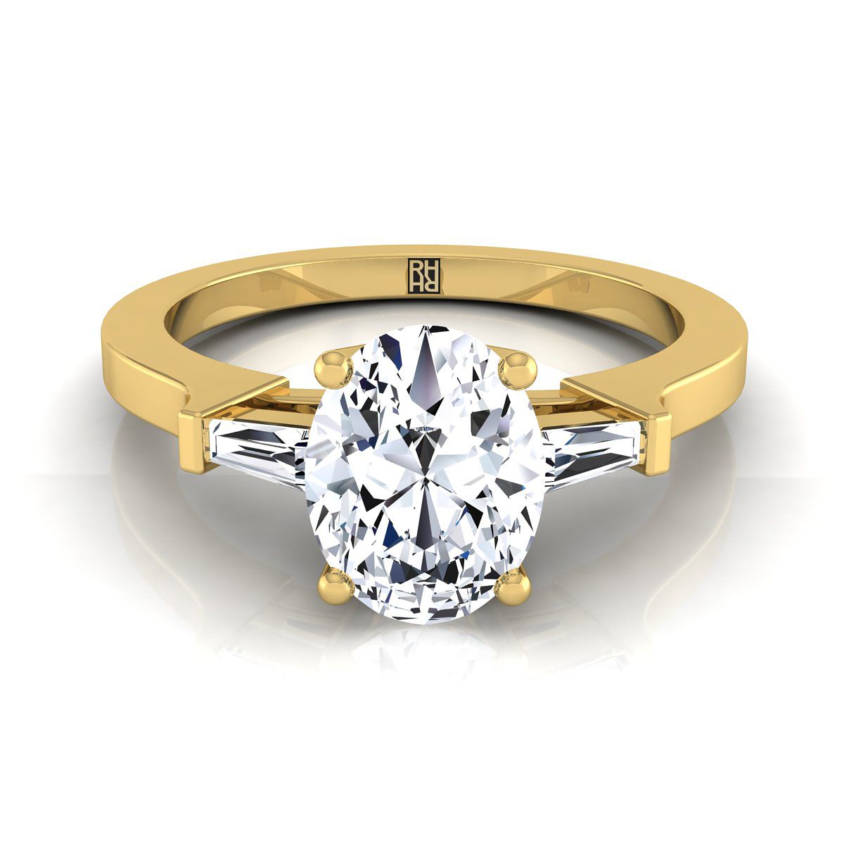 Tapered Baguette Three Stone Oval, in 18K Yellow Gold, channel setting | RockHer