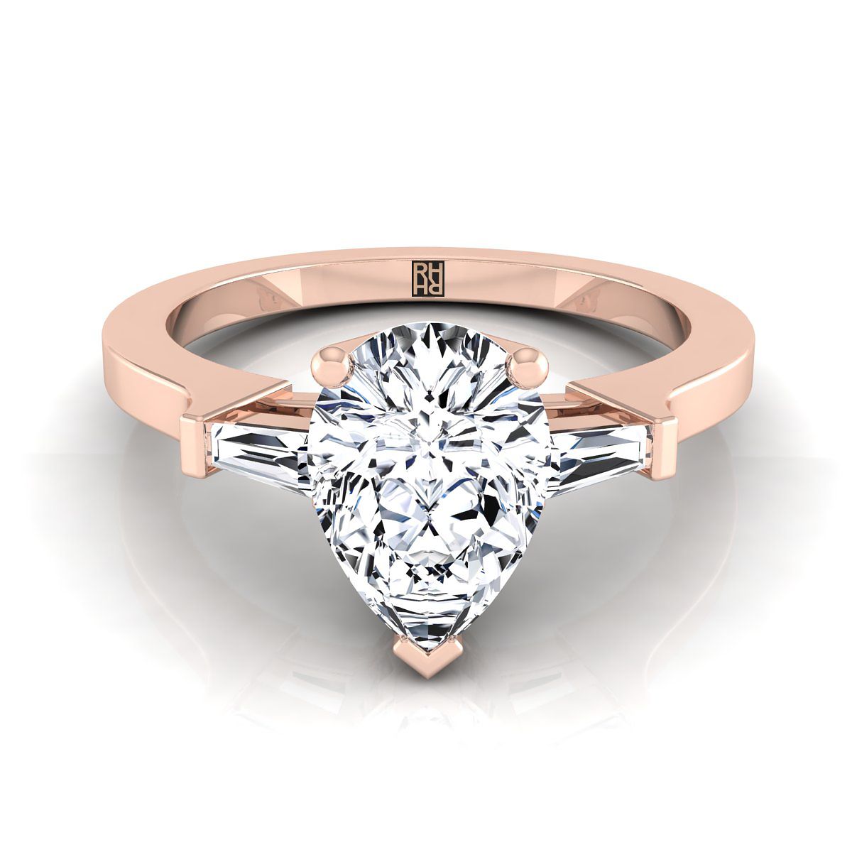 Tapered Baguette Three Stone Pear Shape, in 14K Rose Gold, channel setting | RockHer