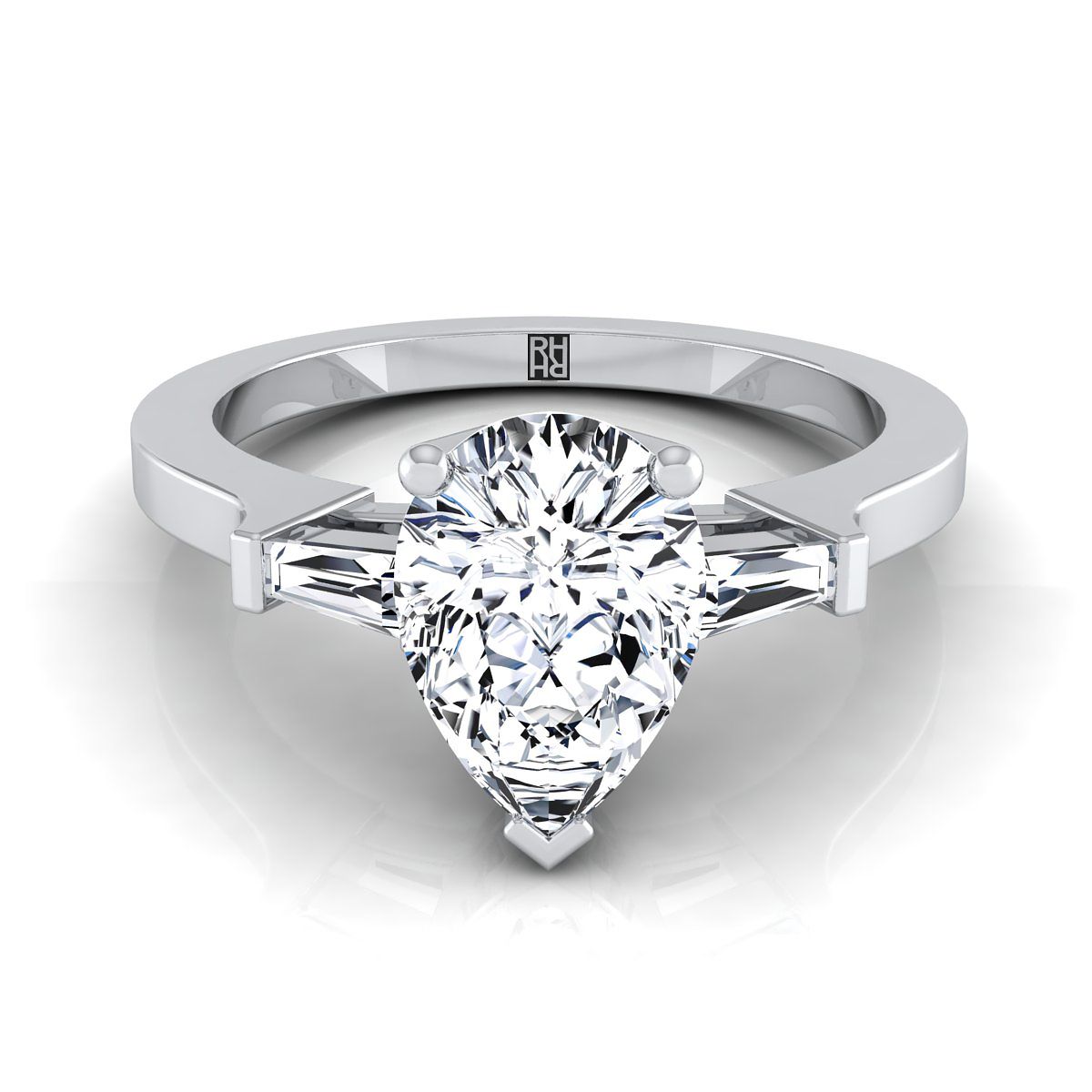 14K White Gold Pear Shape Center Diamond Tapered Baguette Accent Engagement Ring -1/4ctw