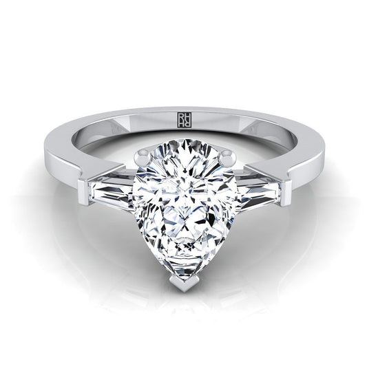 14K White Gold Pear Shape Center Diamond Tapered Baguette Accent Engagement Ring -1/4ctw