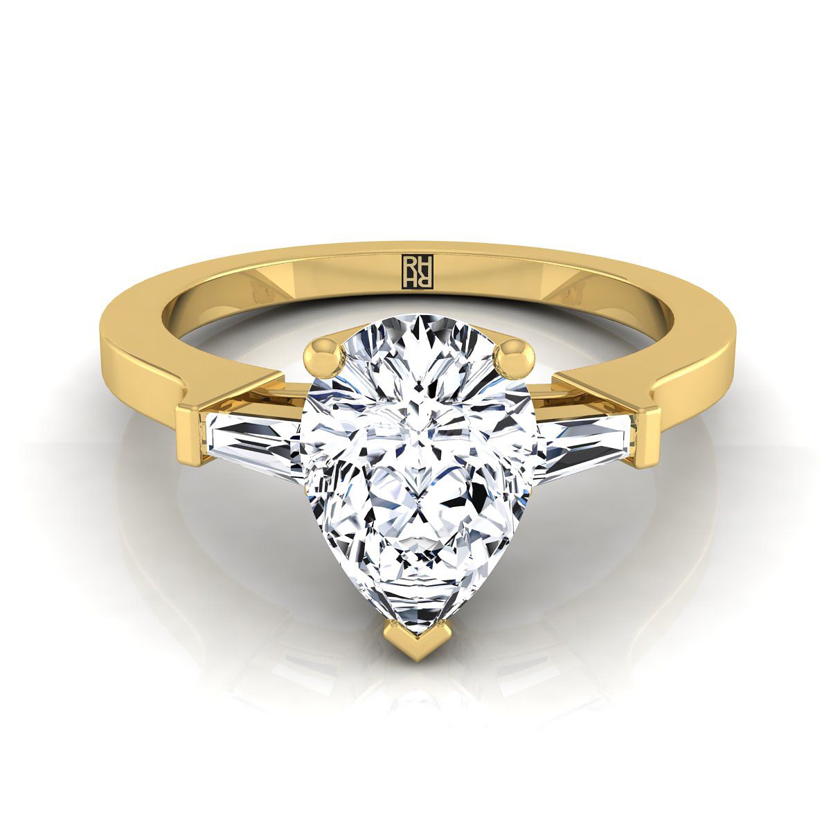 Tapered Baguette Three Stone Pear Shape, in 18K Yellow Gold, channel setting | RockHer