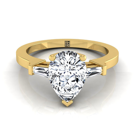 Tapered Baguette Three Stone Pear Shape, in 18K Yellow Gold, channel setting | RockHer