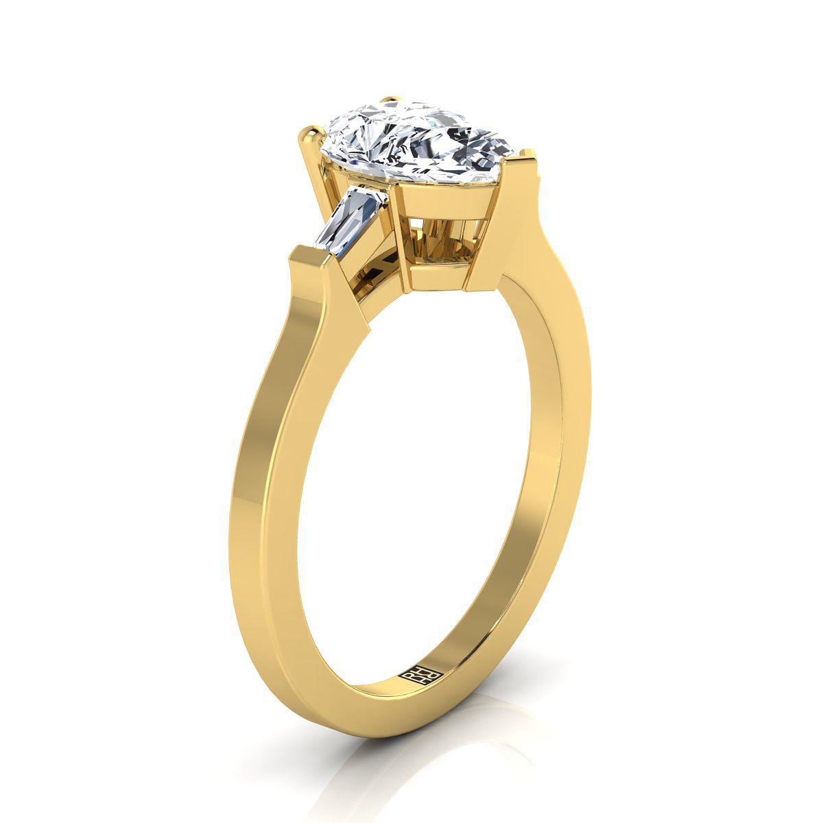 Tapered Baguette Three Stone Pear Shape, in 18K Yellow Gold, channel setting – side profile | RockHer
