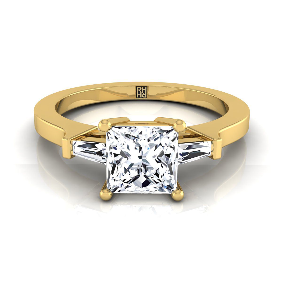 Tapered Baguette Three Stone Princess, in 18K Yellow Gold, channel setting | RockHer
