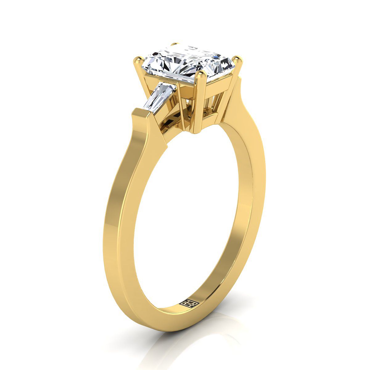 Tapered Baguette Three Stone Radiant, in 18K Yellow Gold, channel setting – side profile | RockHer