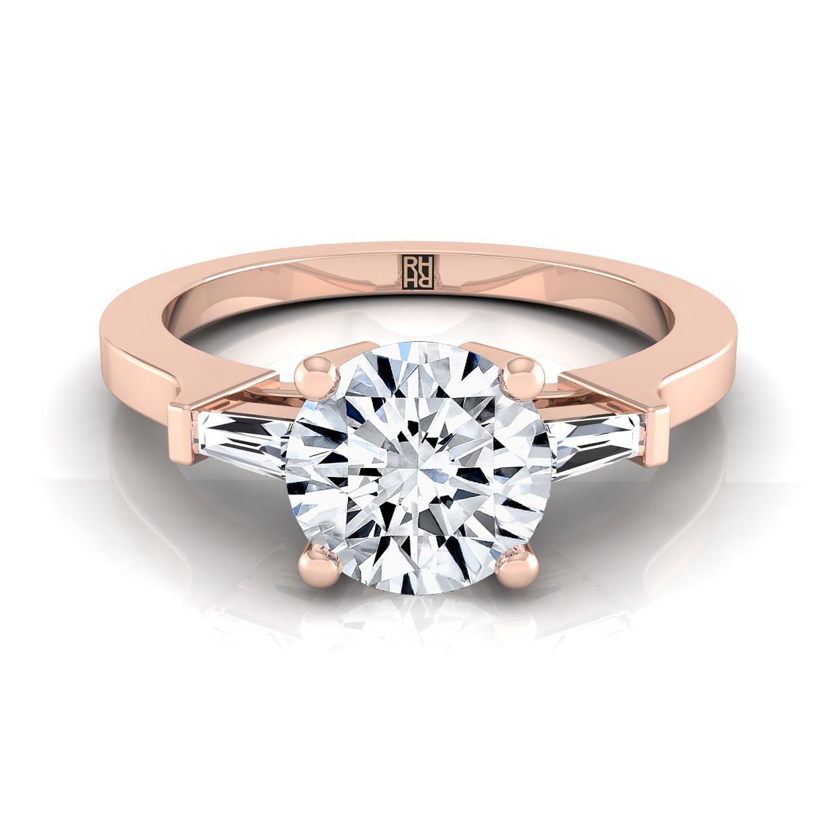 Round Brilliant, Tapered Baguette Three Stone Round, in 14K Rose Gold, channel setting | RockHer