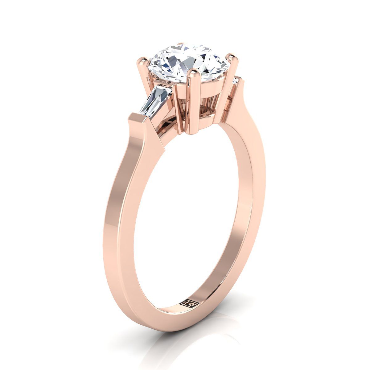Round Brilliant, Tapered Baguette Three Stone Round, in 14K Rose Gold, channel setting – side profile | RockHer