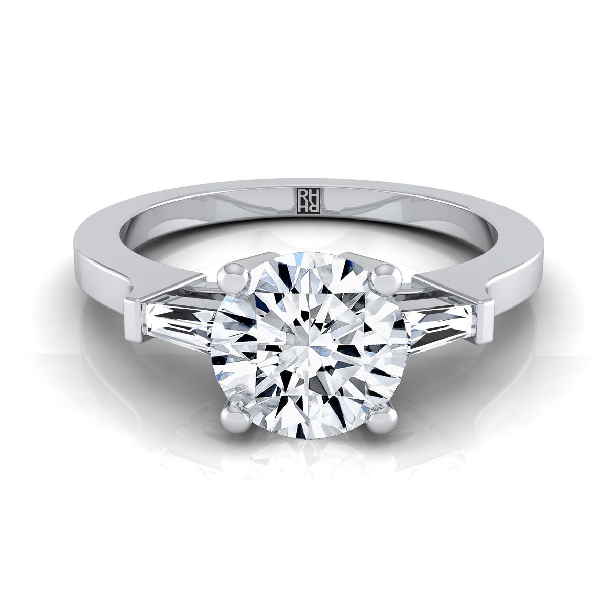 Round Brilliant, Tapered Baguette Three Stone Round, in 18K White Gold, channel setting | RockHer