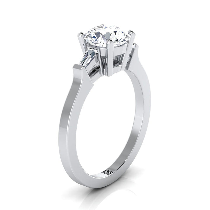 Round Brilliant, Tapered Baguette Three Stone Round, in 18K White Gold, channel setting – side profile | RockHer