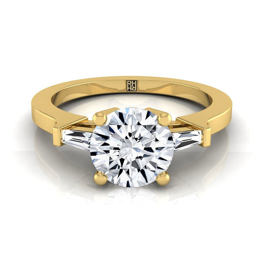 Round Brilliant, Tapered Baguette Three Stone Round, in 18K Yellow Gold, channel setting | RockHer