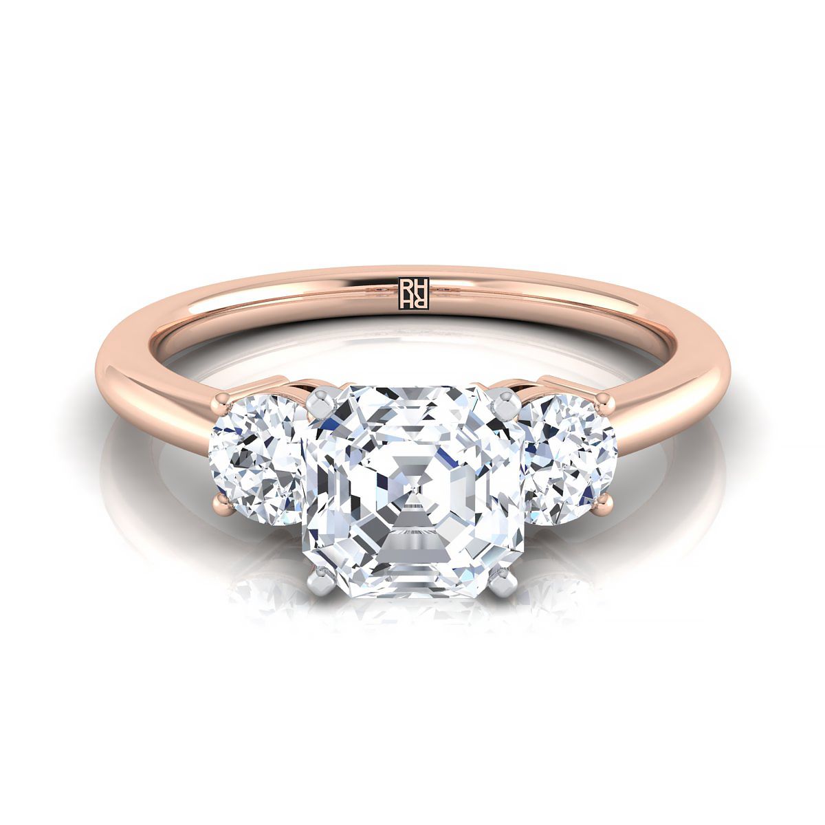 Classic Three Stone Asscher, in 14K Rose Gold, prong setting | RockHer