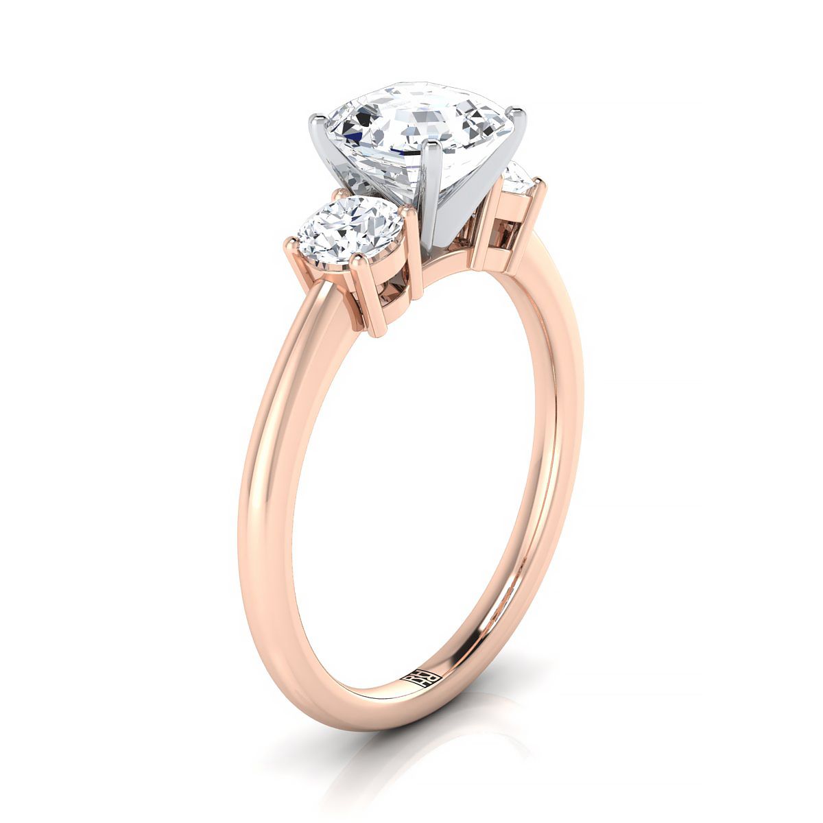 Classic Three Stone Asscher, in 14K Rose Gold, prong setting – side profile | RockHer