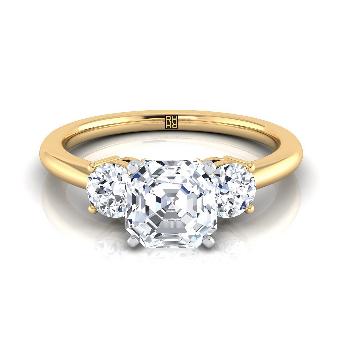 Classic Three Stone Asscher, in 18K Yellow Gold, prong setting | RockHer