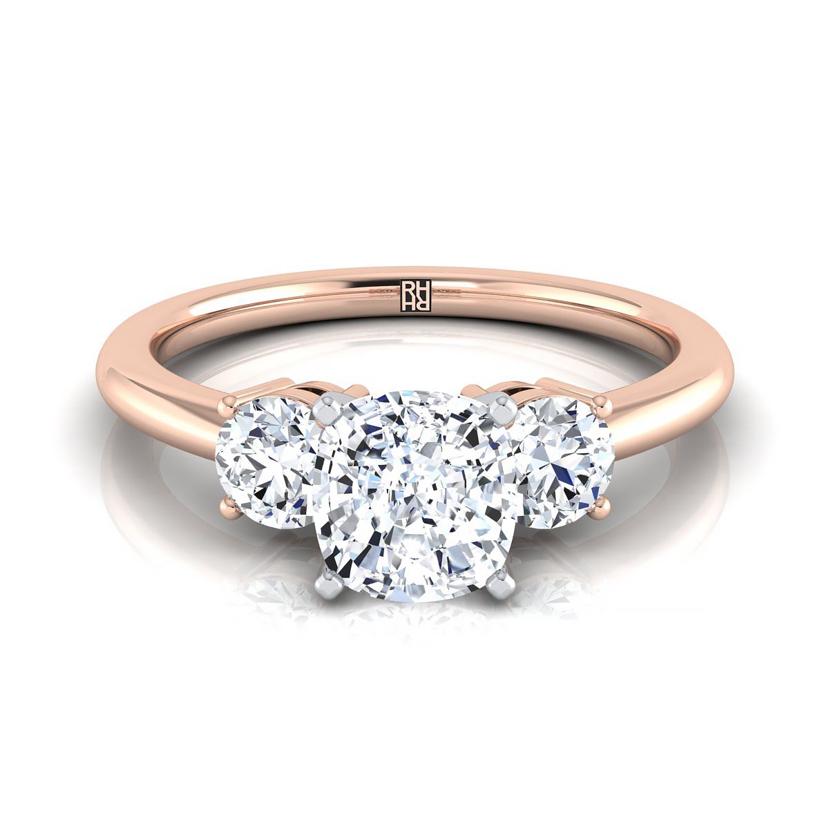 Classic Three Stone Cushion, in 14K Rose Gold, prong setting | RockHer