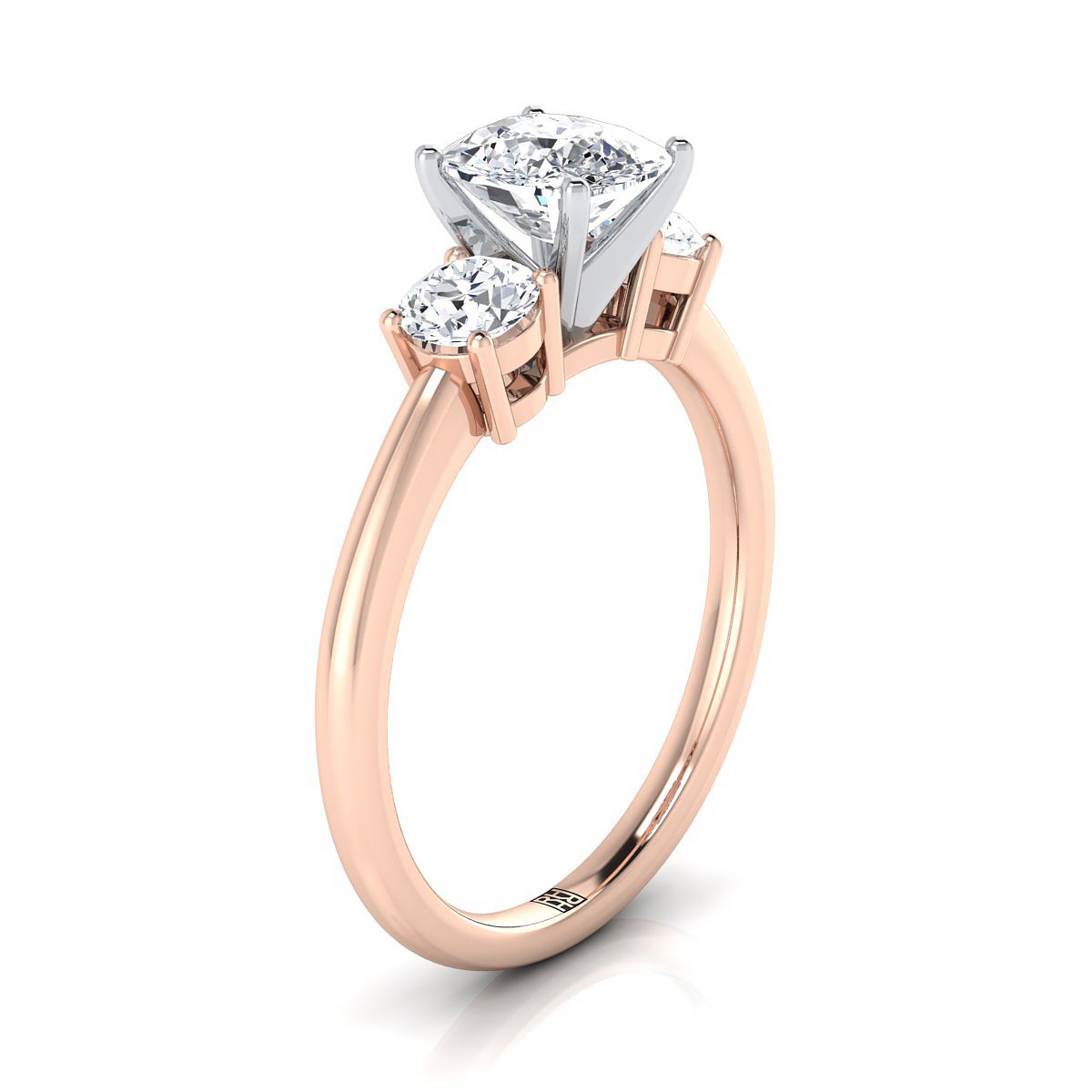 Classic Three Stone Cushion, in 14K Rose Gold, prong setting – side profile | RockHer