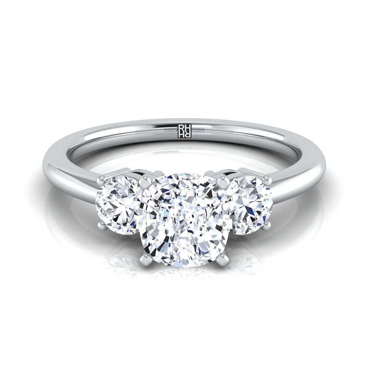 Classic Three Stone Cushion, in 18K White Gold, prong setting | RockHer