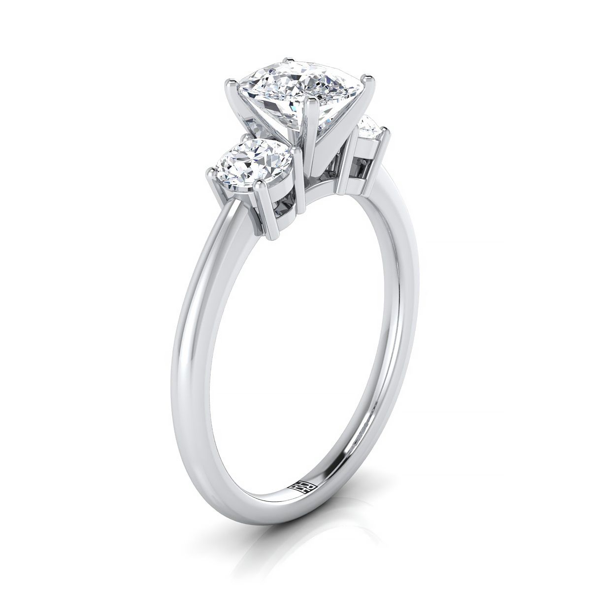 Classic Three Stone Cushion, in 18K White Gold, prong setting – side profile | RockHer