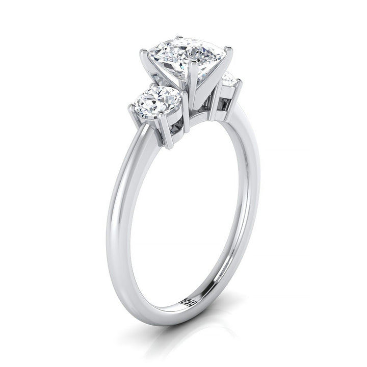 Classic Three Stone Cushion, in 18K White Gold, prong setting – side profile | RockHer