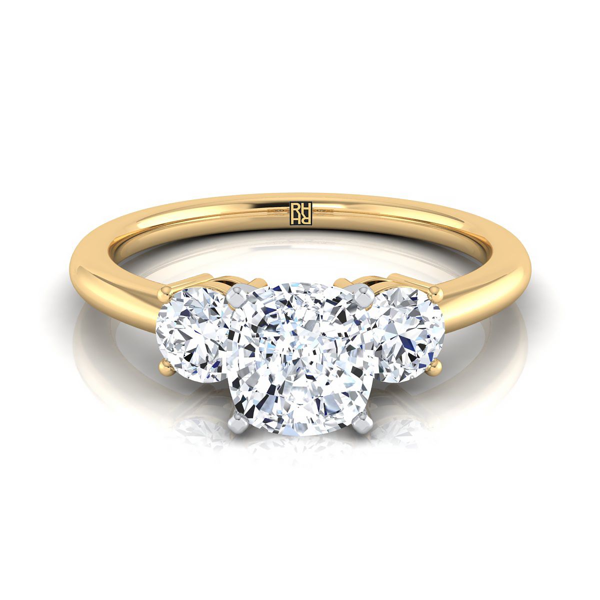 Classic Three Stone Cushion, in 18K Yellow Gold, prong setting | RockHer