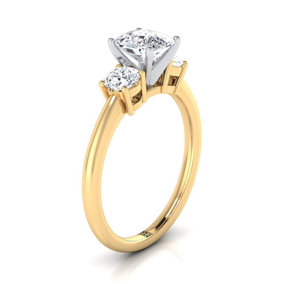 14K Yellow Gold Cushion Diamond Perfectly Matched Round Three Stone Diamond Engagement Ring -1/4ctw