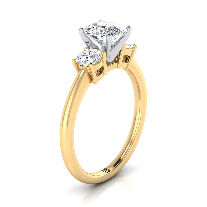 Classic Three Stone Cushion, in 18K Yellow Gold, prong setting – side profile | RockHer