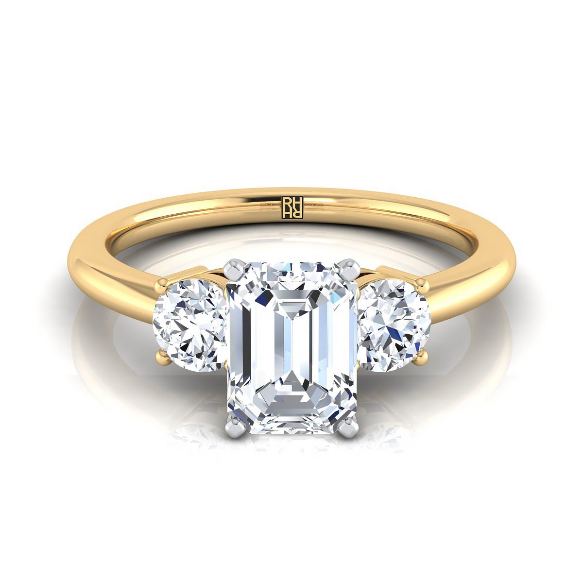 European Cut, Classic Three Stone Emerald, in 18K Yellow Gold, prong setting | RockHer