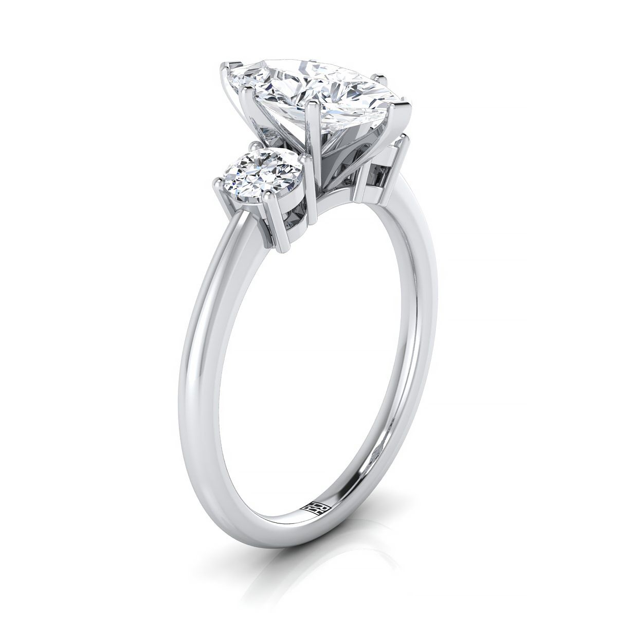 Classic Three Stone Marquise, in Platinum, prong setting – side profile | RockHer