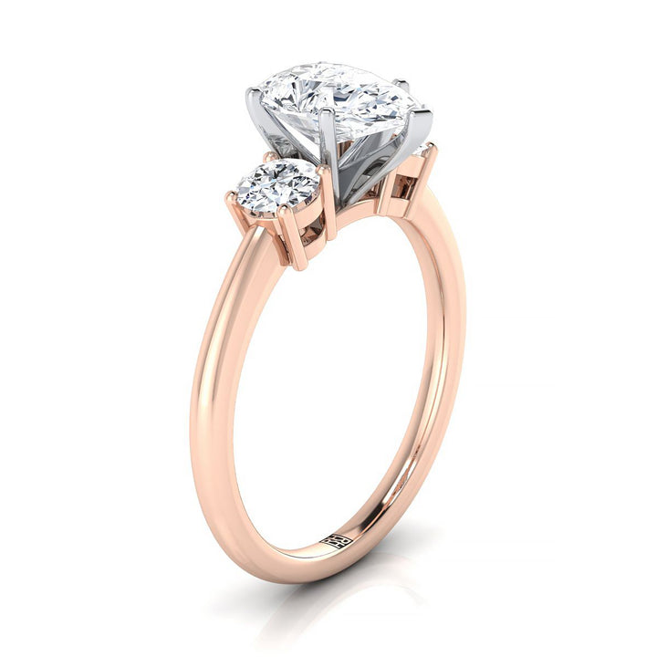 14K Rose Gold Pear Shape Center Diamond Perfectly Matched Round Three Stone Diamond Engagement Ring -1/4ctw