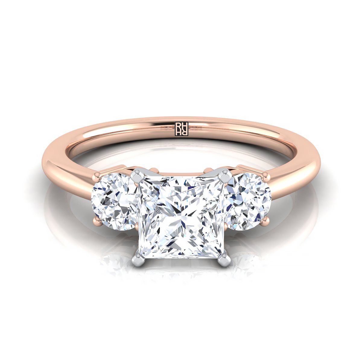 Classic Three Stone Princess, in 14K Rose Gold, prong setting | RockHer
