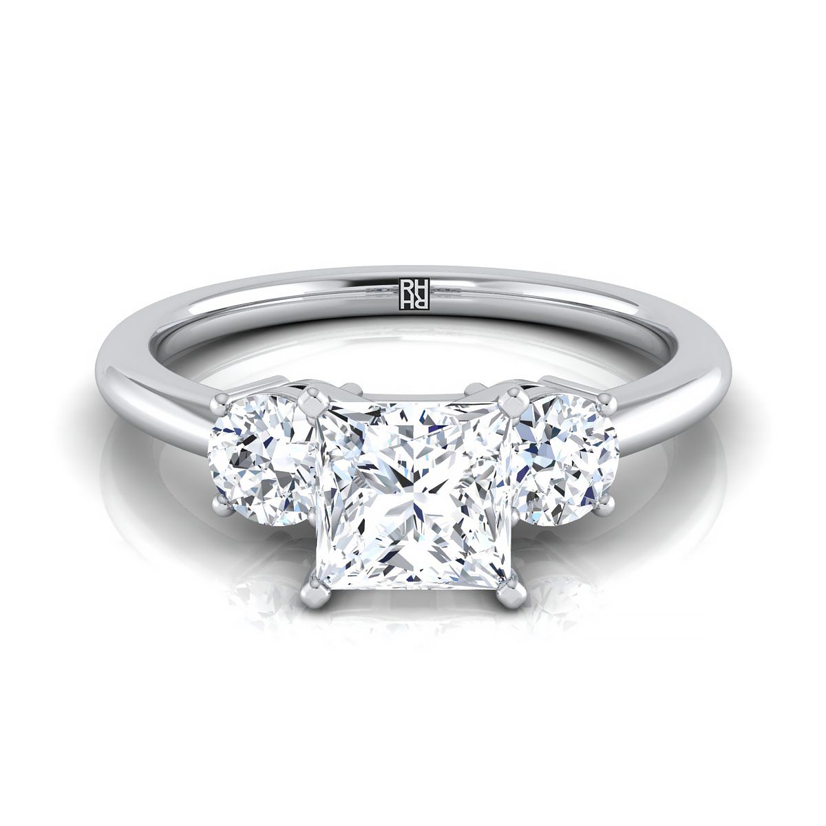 14K White Gold Princess Cut Diamond Perfectly Matched Round Three Stone Diamond Engagement Ring -1/4ctw