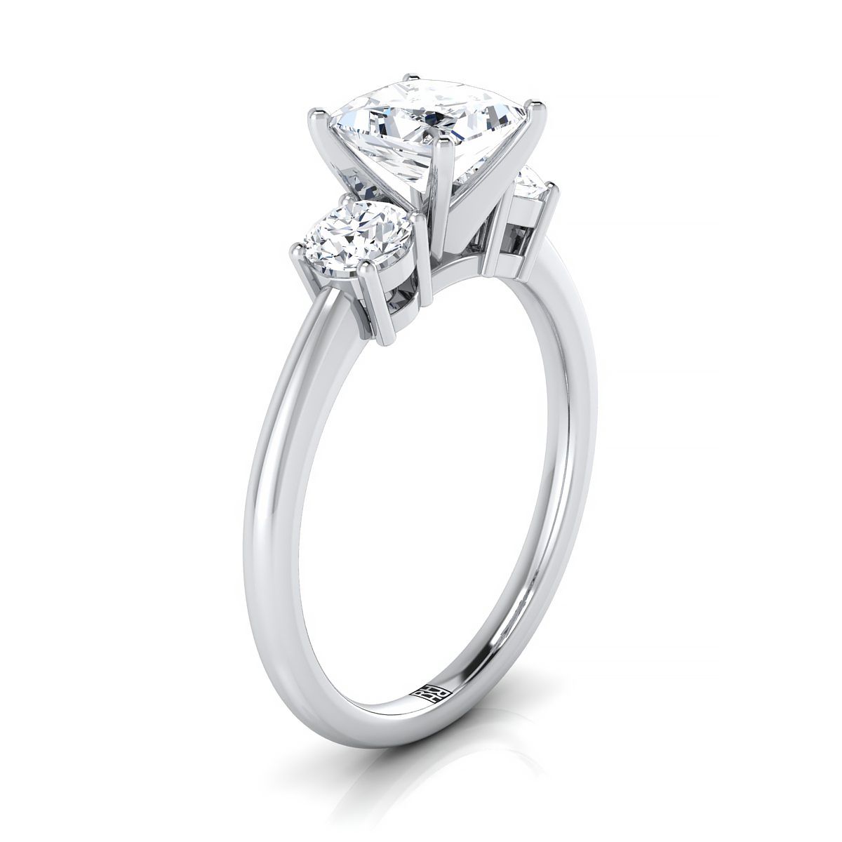 Classic Three Stone Princess, in 18K White Gold, prong setting – side profile | RockHer
