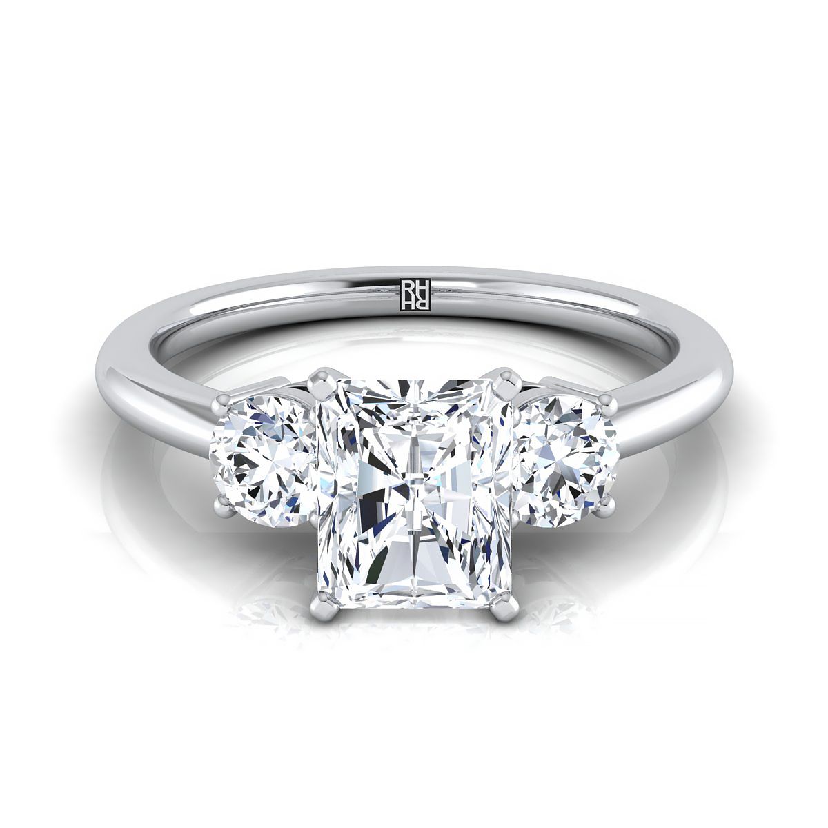 Classic Three Stone Radiant, in 18K White Gold, prong setting | RockHer