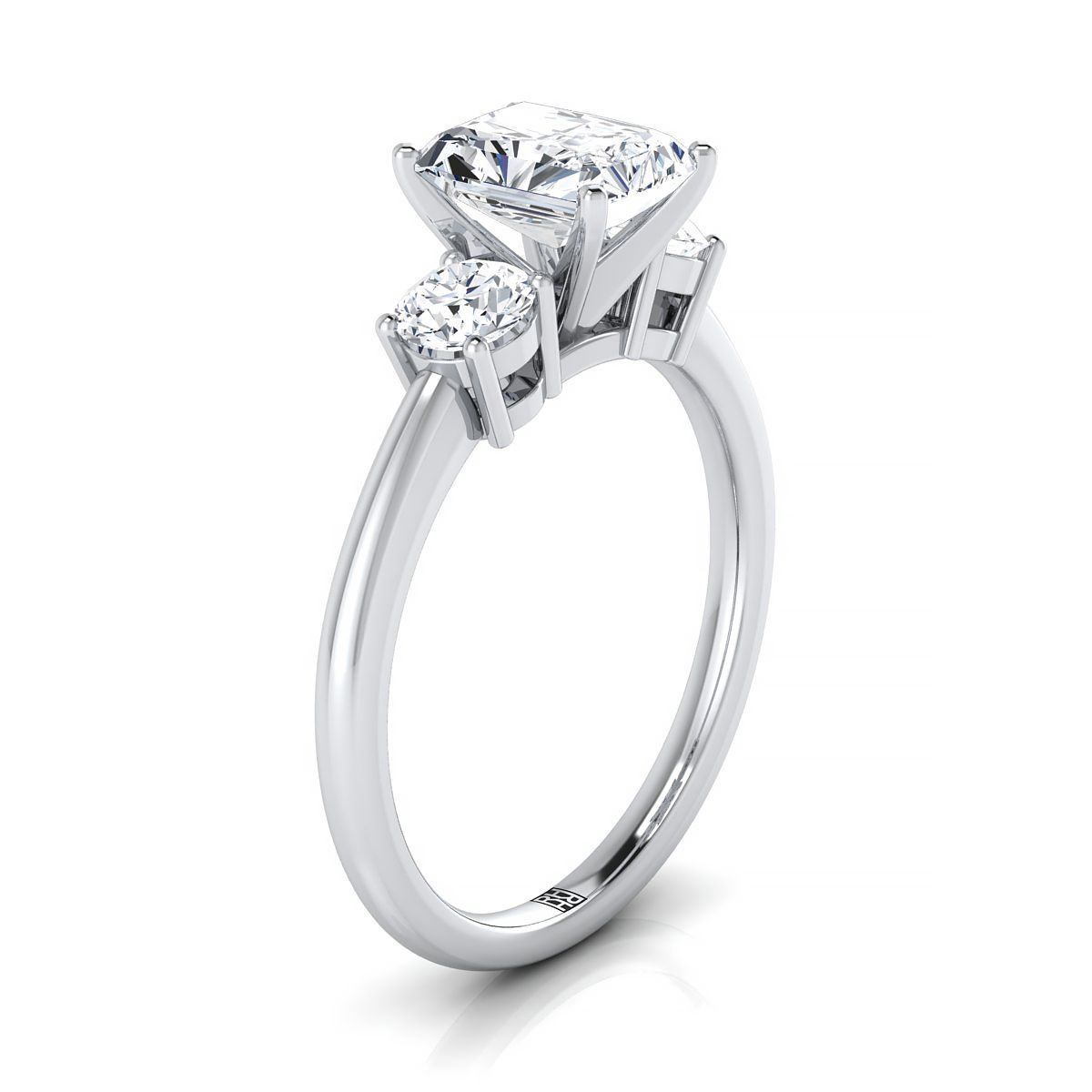 Classic Three Stone Radiant, in Platinum, prong setting – side profile | RockHer