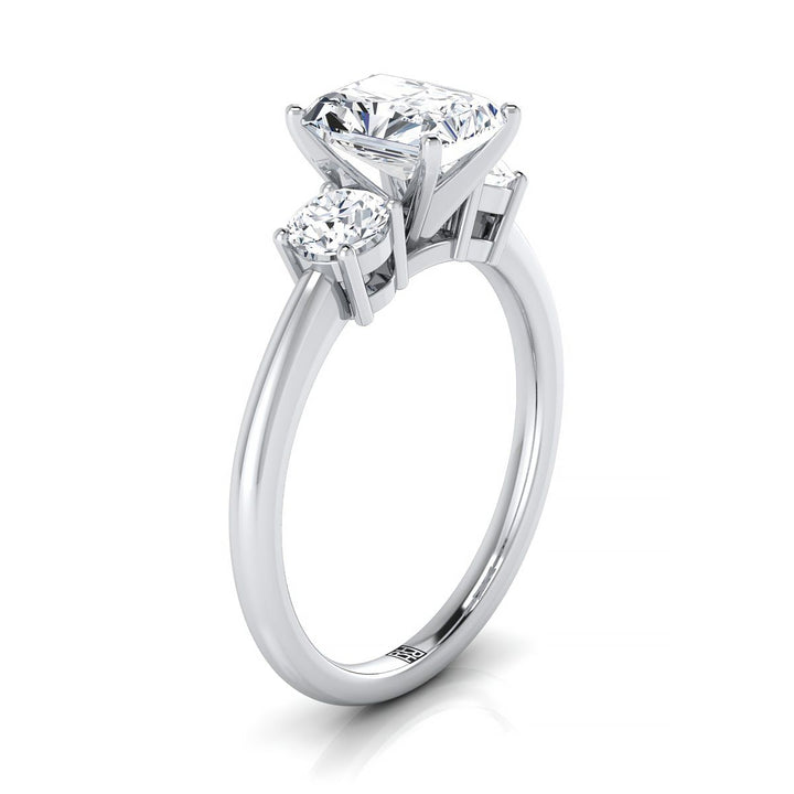Classic Three Stone Radiant, in Platinum, prong setting – side profile | RockHer