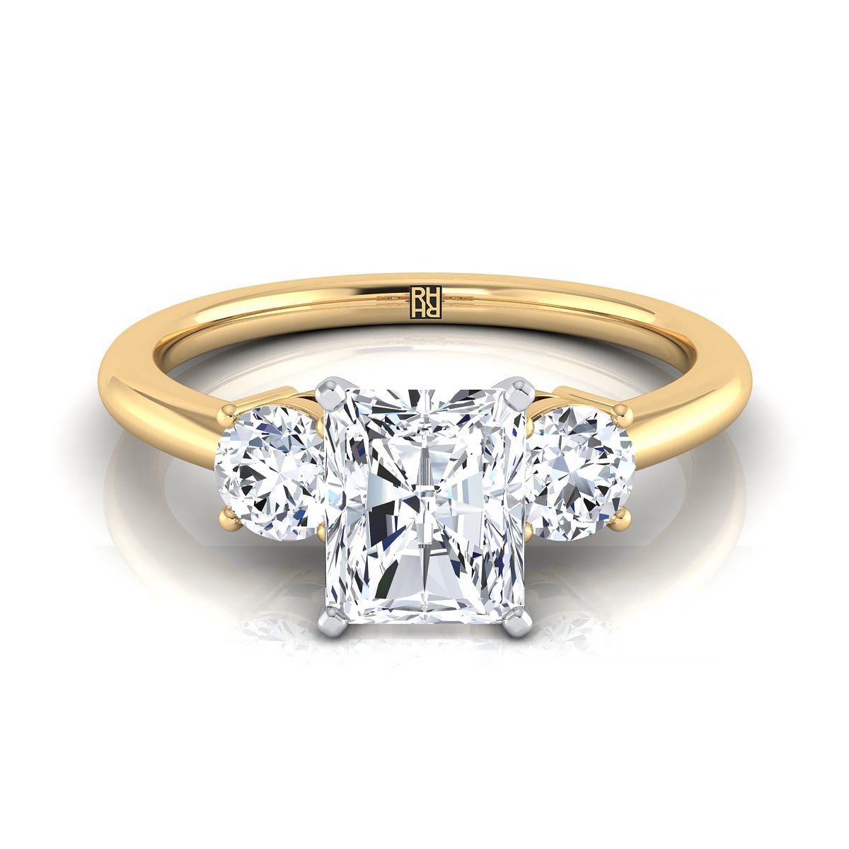 Classic Three Stone Radiant, in 18K Yellow Gold, prong setting | RockHer