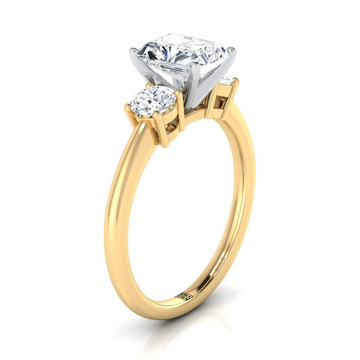 Classic Three Stone Radiant, in 18K Yellow Gold, prong setting – side profile | RockHer