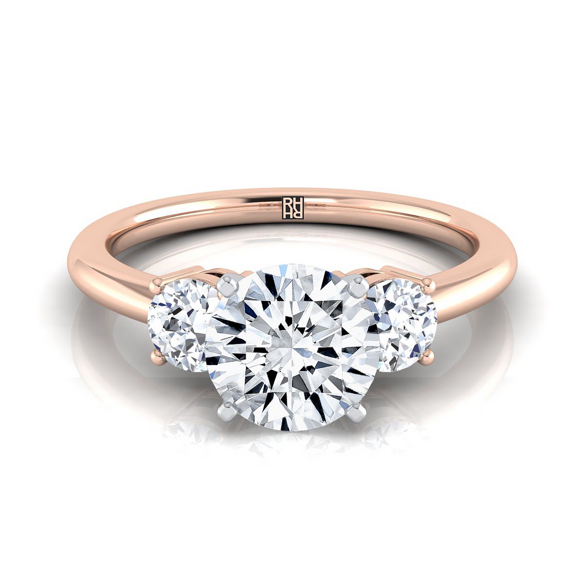 Round Brilliant, Classic Three Stone Round, in 14K Rose Gold, prong setting – view 8 | RockHer