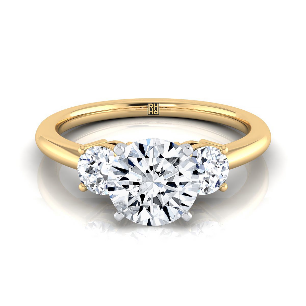 Round Brilliant, Classic Three Stone Round, in 18K Yellow Gold, prong setting – view 8 | RockHer