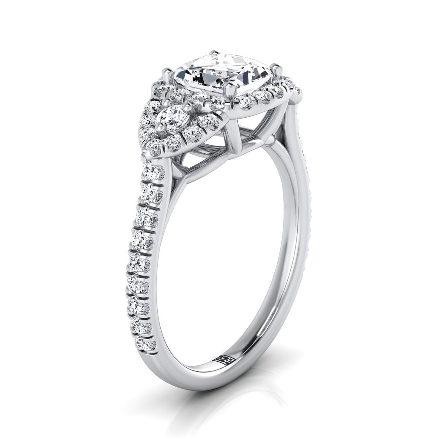 14K White Gold Princess Cut Diamond Delicate Three Stone Halo Pave Engagement Ring -5/8ctw