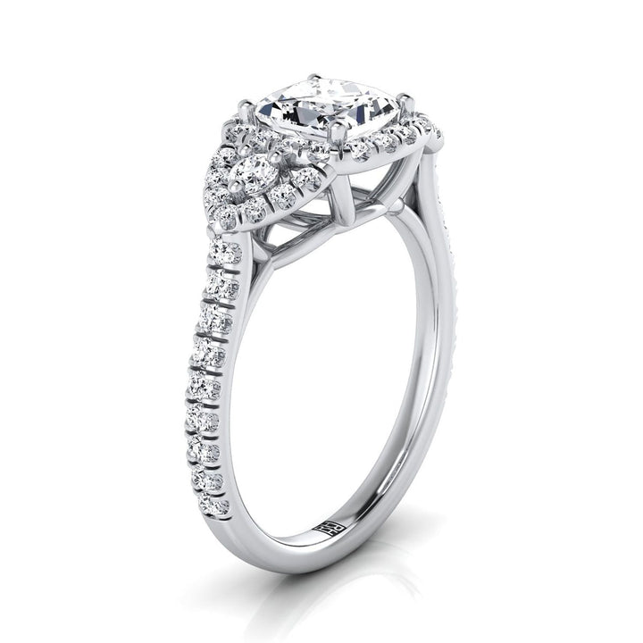 14K White Gold Princess Cut Diamond Delicate Three Stone Halo Pave Engagement Ring -5/8ctw