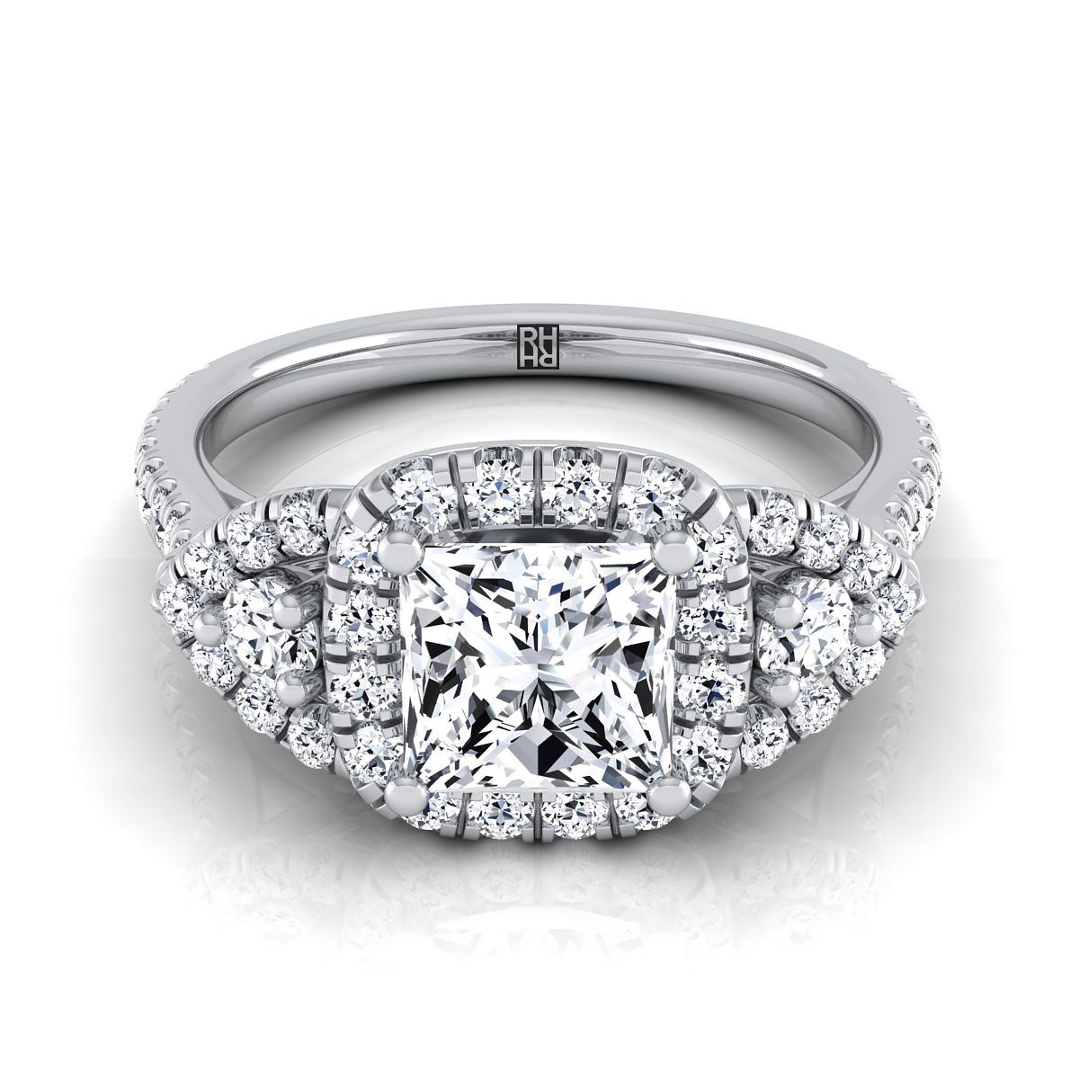 Delicate Three Stone Halo Princess, in 18K White Gold, pave setting | RockHer