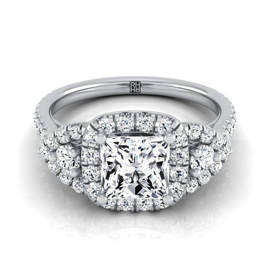Delicate Three Stone Halo Princess, in 18K White Gold, pave setting | RockHer
