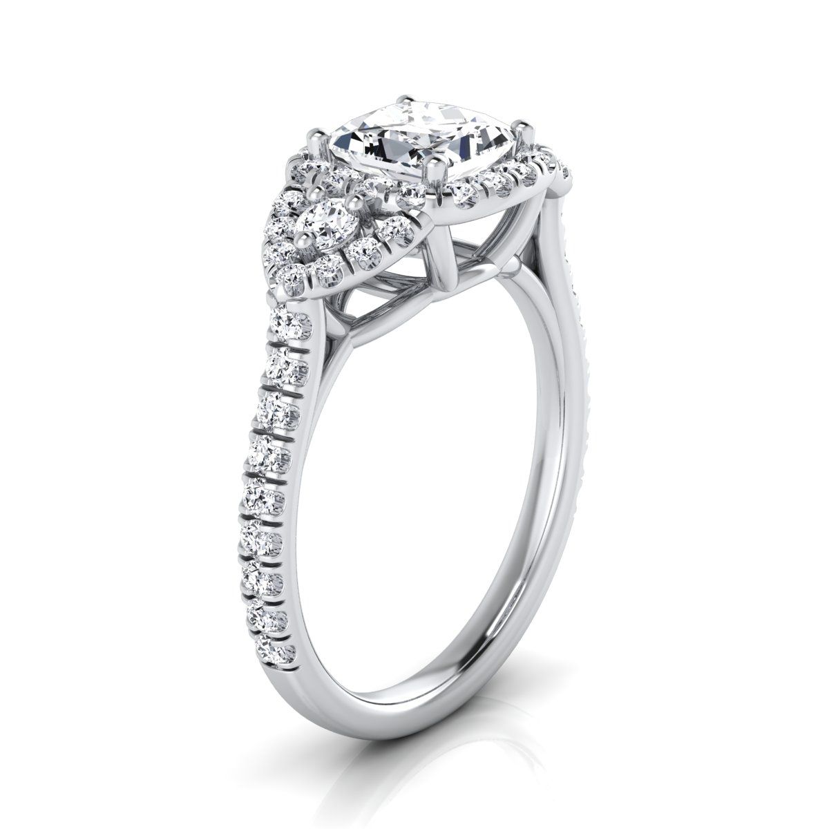 Delicate Three Stone Halo Princess, in Platinum, pave setting – side profile | RockHer