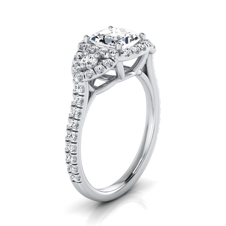 Delicate Three Stone Halo Princess, in Platinum, pave setting – side profile | RockHer
