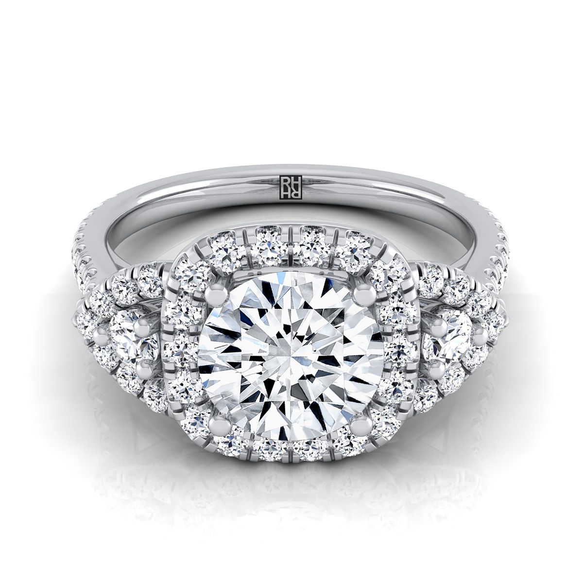 Round Brilliant, Delicate Three Stone Halo, in Platinum, pave setting | RockHer