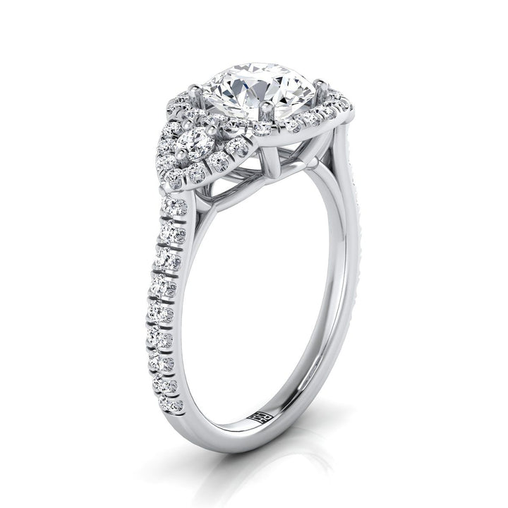Round Brilliant, Delicate Three Stone Halo, in Platinum, pave setting – side profile | RockHer